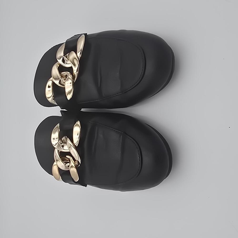 Steve Madden Kandi Loafer Black Leather Mules with Gold Chain Detail